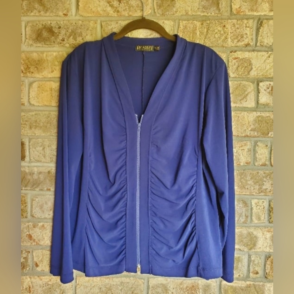 Picadilly Large Ruched Zip Jacket Coat Cardigan Top Purple Knit Layering EUC